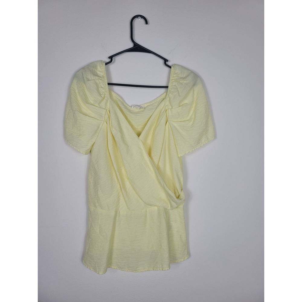 Meraki Blouse Sz M V-neck Faux Wrap Crossover Puff-Sleeve Yellow Peplum Junior's